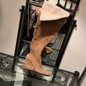 Unworn camel/ beige suede wedge boots